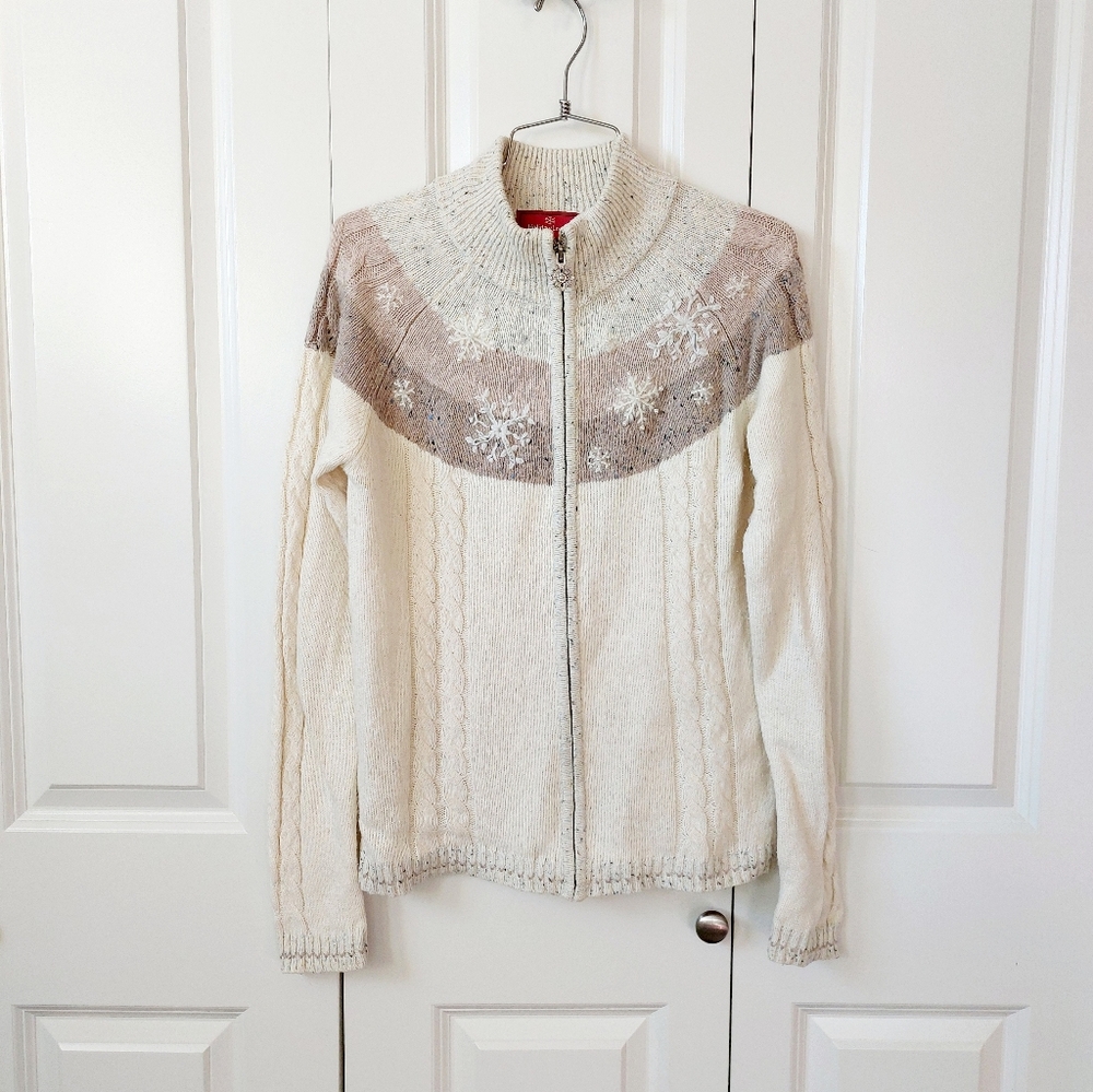 Snowflake Beaded Wool/Angora Zip Beige Cardigan Small Northcrest Christmas